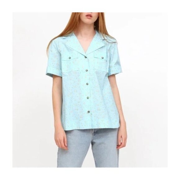 Ganni Floral Organic Cotton Poplin Button Up Short Sleeve Shirt - Picture 1 of 10